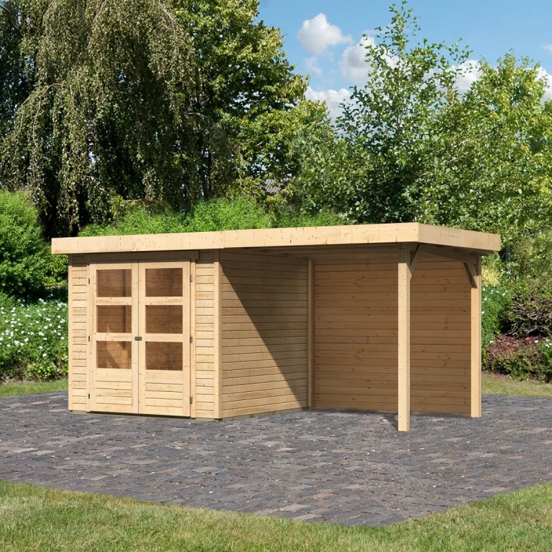 Abri De Jardin En Bois Massif 4,62m² Askola 2 Avec Appentis 240cm Et Paroi Arrière – Karibu 3 Abri De Jardin En Bois Massif 4,62m² Askola 2 Avec Appentis 240cm Et Paroi Arrière – Karibu