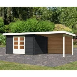 Abri De Jardin En Bois Massif Anthracite 10,60m² Bastrup 7 Avec Appentis 300cm Et Paroi Arrière – Karibu