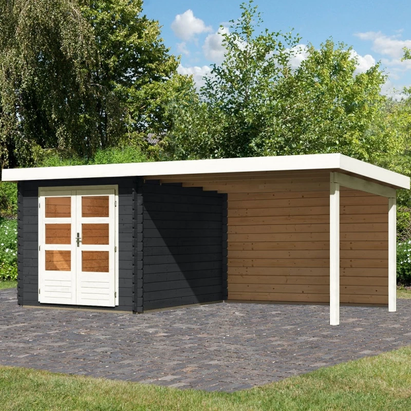 Abri De Jardin En Bois Massif Anthracite 7,04m² Bastrup 4 Avec Appentis 300cm Et Paroi Arrière – Karibu 3 Abri De Jardin En Bois Massif Anthracite 7,04m² Bastrup 4 Avec Appentis 300cm Et Paroi Arrière – Karibu
