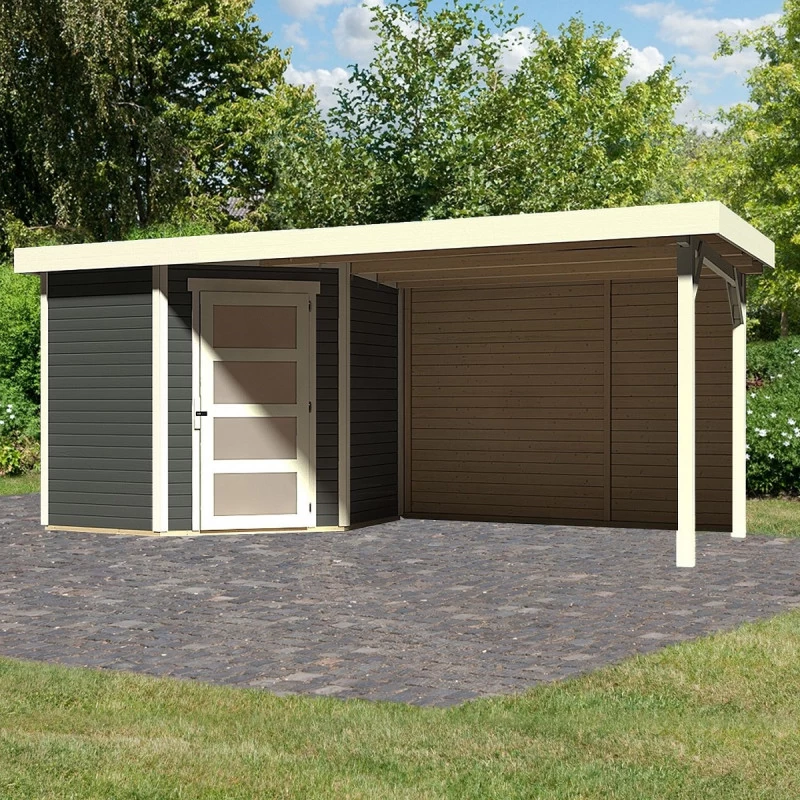 Abri De Jardin En Bois Massif Gris Terre 4,62m² Schwandorf 3 Avec Appentis 280cm Et Paroi Arrière – Karibu 3 Abri De Jardin En Bois Massif Gris Terre 4,62m² Schwandorf 3 Avec Appentis 280cm Et Paroi Arrière – Karibu