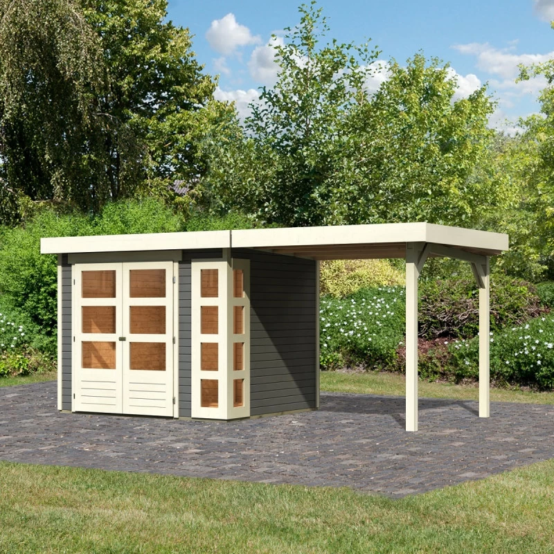 Abri De Jardin En Bois Massif Gris Terre 5,25m² Kerko 3 Avec Appentis 240cm – Karibu 3 Abri De Jardin En Bois Massif Gris Terre 5,25m² Kerko 3 Avec Appentis 240cm – Karibu