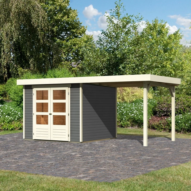 Abri De Jardin En Bois Massif Gris Terre 5,95m² Askola 3,5 Avec Appentis 240cm - Karibu 3 Abri De Jardin En Bois Massif Gris Terre 5,95m² Askola 3,5 Avec Appentis 240cm - Karibu