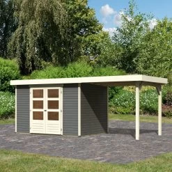 Abri De Jardin En Bois Massif Gris Terre 6,55m² Askola 4 Avec Appentis 240cm - Karibu