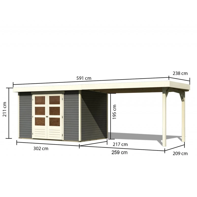 Abri De Jardin En Bois Massif Gris Terre 6,55m² Askola 4 Avec Appentis 280cm – Karibu 4 Abri De Jardin En Bois Massif Gris Terre 6,55m² Askola 4 Avec Appentis 280cm – Karibu – Image 2