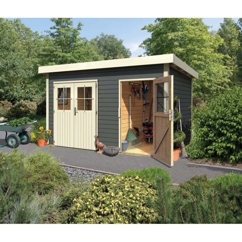 Abri De Jardin En Bois Massif Gris Terre 8,88m² Avec Cloison Intérieure Tintrup – Karibu 3 Abri De Jardin En Bois Massif Gris Terre 8,88m² Avec Cloison Intérieure Tintrup – Karibu