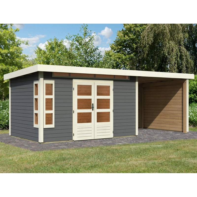 Abri De Jardin En Bois Massif Gris Terre 8,88m² Kastorf 7 Avec Appentis 260cm Et Paroi Arrière Et Latérale – Karibu 3 Abri De Jardin En Bois Massif Gris Terre 8,88m² Kastorf 7 Avec Appentis 260cm Et Paroi Arrière Et Latérale – Karibu
