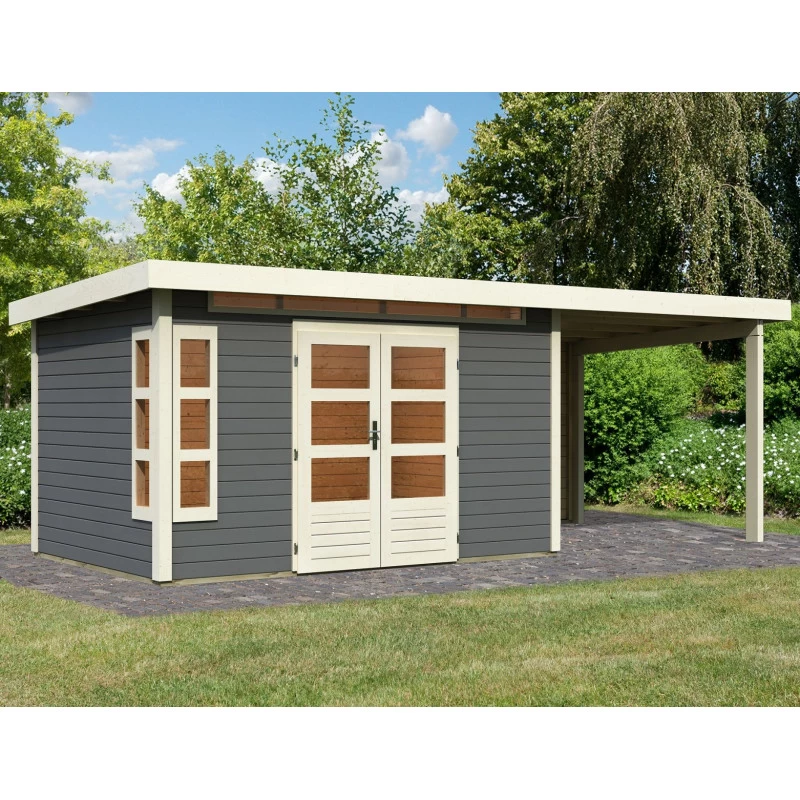 Abri De Jardin En Bois Massif Gris Terre 8,88m² Kastorf 7 Avec Appentis 260cm Et Paroi Arrière – Karibu 3 Abri De Jardin En Bois Massif Gris Terre 8,88m² Kastorf 7 Avec Appentis 260cm Et Paroi Arrière – Karibu
