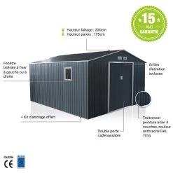 Abri De Jardin Métal 13m² PLUS Anthracite + Kit D'ancrage X-METAL 11 Abri De Jardin Métal 13m² PLUS Anthracite + Kit D'ancrage X-METAL -Abri De Jardin abri de jardin metal 13m plus anthracite kit d ancrage x metal 3
