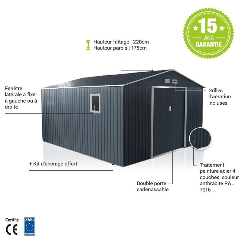 Abri De Jardin Métal 13m² PLUS Anthracite + Kit D'ancrage X-METAL 6 Abri De Jardin Métal 13m² PLUS Anthracite + Kit D'ancrage X-METAL – Image 4