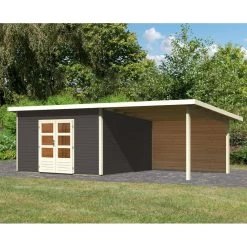 Abri Toit Plat 13,60m² Bois Massif Gris Terre 40mm Northeim 5 Avec Appentis 330cm Et Paroi Arrière – Karibu