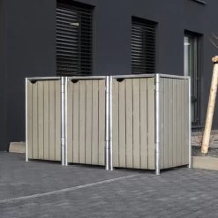 Cache-poubelle 3 Compartiments Müllbox En Bois Traité Gris 3x140L – HIDE -Abri De Jardin cache poubelle 3 compartiments mullbox en bois traite gris 3x140l hide 2