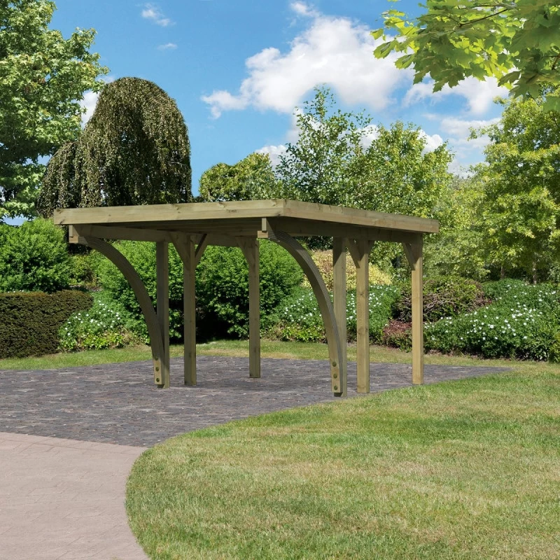 Carport En Bois Autoclave 15m², Toit En Acier Et Deux Poteaux En Arc – KARIBU 3 Carport En Bois Autoclave 15m², Toit En Acier Et Deux Poteaux En Arc – KARIBU