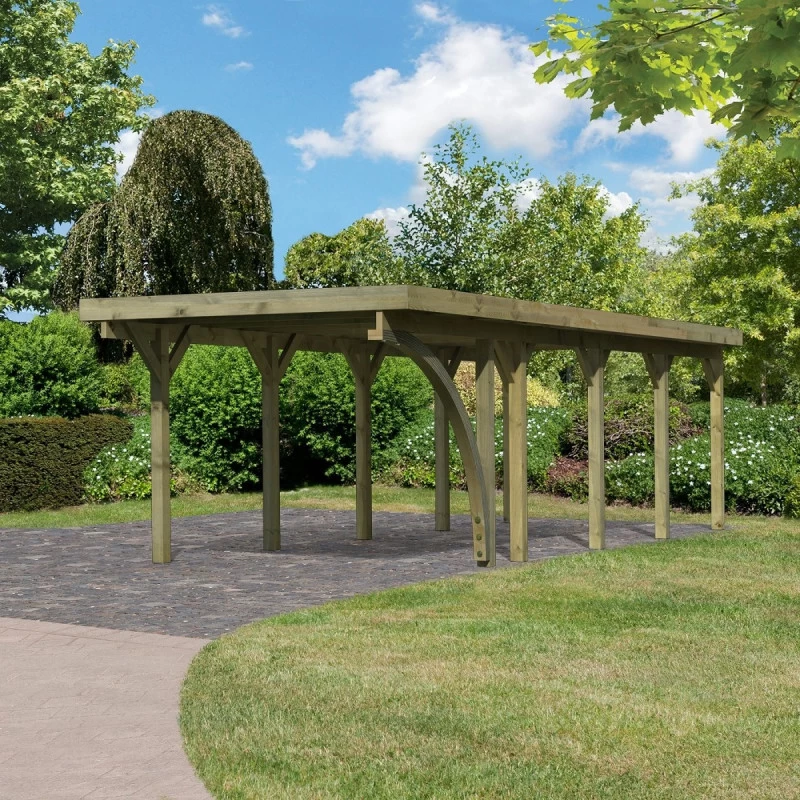 Carport En Bois Autoclave 26,9m² Avec Poteau En Arc Et Toit En Acier – KARIBU 3 Carport En Bois Autoclave 26,9m² Avec Poteau En Arc Et Toit En Acier – KARIBU