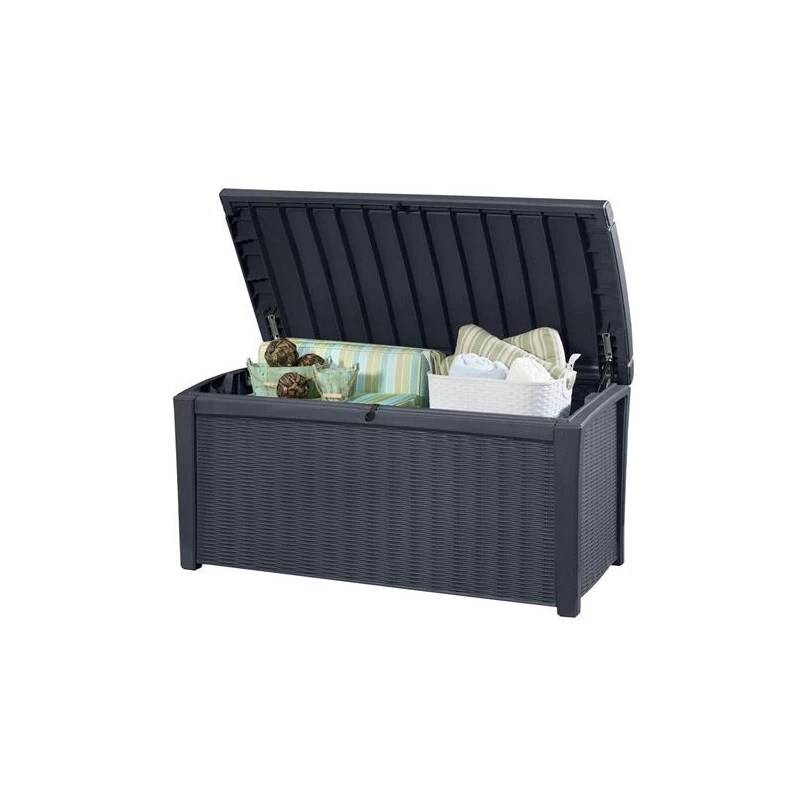 Keter Coffre En Résine Imitation Rotin Tressé Et Bois 400L Anthracite RIO 3 Keter Coffre En Résine Imitation Rotin Tressé Et Bois 400L Anthracite RIO