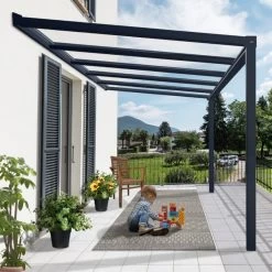 Pergola Adossée Stockholm 350x368cm Aluminium Gris Et Polycarbonate Avec Stores De Toit Rétractables – Palram - Canopia