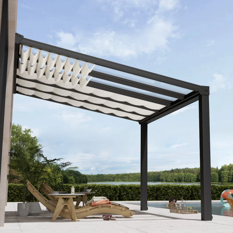 Pergola Adossée Stockholm 350x368cm Aluminium Gris Et Polycarbonate Avec Stores De Toit Rétractables – Palram - Canopia 6 Pergola Adossée Stockholm 350x368cm Aluminium Gris Et Polycarbonate Avec Stores De Toit Rétractables – Palram - Canopia – Image 4