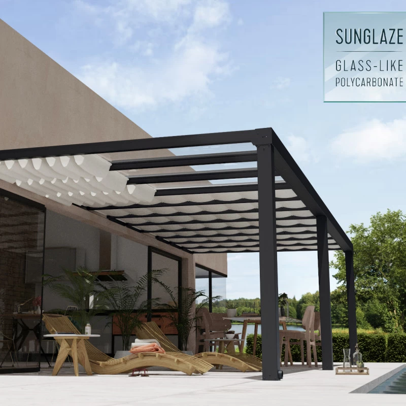 Pergola Adossée Stockholm 350x810cm Aluminium Gris Et Polycarbonate Avec Stores De Toit Rétractables – Palram - Canopia 6 Pergola Adossée Stockholm 350x810cm Aluminium Gris Et Polycarbonate Avec Stores De Toit Rétractables – Palram - Canopia – Image 4