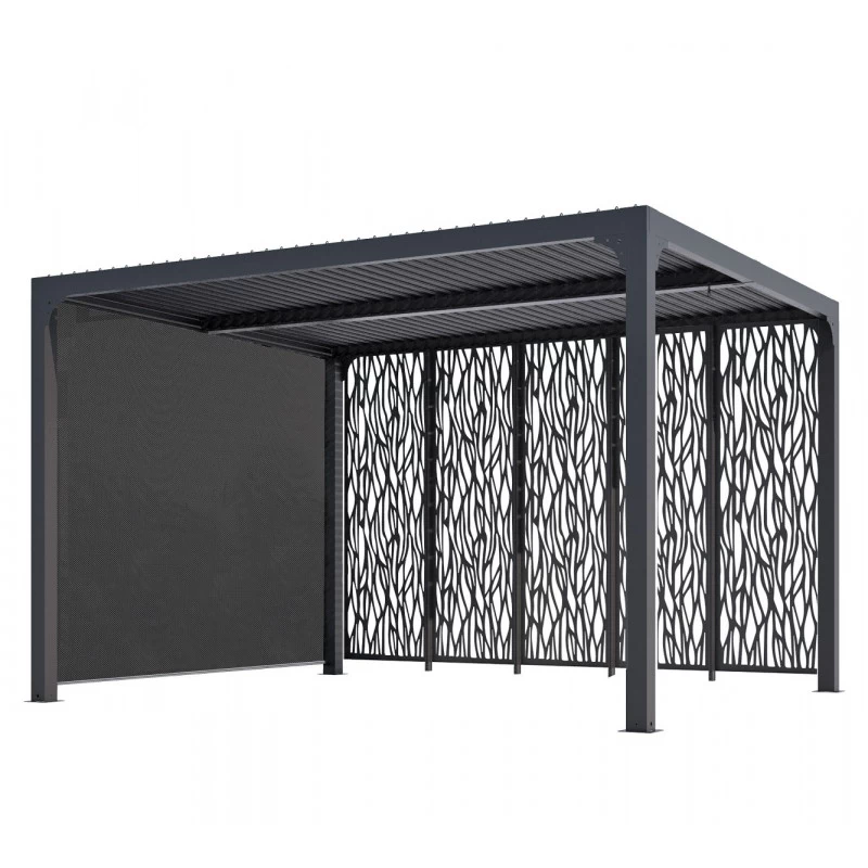 Pergola Bioclimatique Alu Anthracite 10,80m² Toit Avec Lames Ovales Alu + 5 Panneaux Moucharabieh + 1 Rideau Gris – HABRITA 5 Pergola Bioclimatique Alu Anthracite 10,80m² Toit Avec Lames Ovales Alu + 5 Panneaux Moucharabieh + 1 Rideau Gris – HABRITA – Image 3