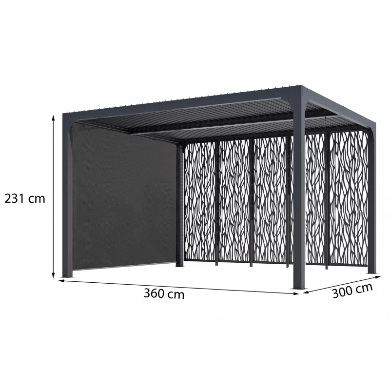 Pergola Bioclimatique Alu Anthracite 10,80m² Toit Avec Lames Ovales Alu + 5 Panneaux Moucharabieh + 1 Rideau Gris – HABRITA 6 Pergola Bioclimatique Alu Anthracite 10,80m² Toit Avec Lames Ovales Alu + 5 Panneaux Moucharabieh + 1 Rideau Gris – HABRITA – Image 4