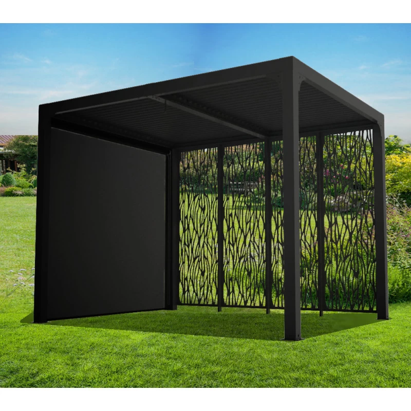 Pergola Bioclimatique Alu Anthracite 7,20m² Toit Avec Lames Ovales + 4 Panneaux Moucharabieh + 1 Rideau Gris – HABRITA 3 Pergola Bioclimatique Alu Anthracite 7,20m² Toit Avec Lames Ovales + 4 Panneaux Moucharabieh + 1 Rideau Gris – HABRITA