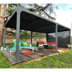 Pergola Bioclimatique Aluminium Anthracite 21,52m² + Toit Avec Lames Ovales + 1 Rideau Pour Côté 3,60m HABRITA -Abri De Jardin pergola bioclimatique aluminium anthracite 2152m toit avec lames ovales 1 rideau pour cote 360m habrita 4